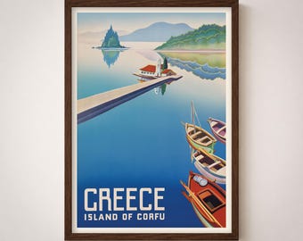 Greece Vintage Travel Poster Print | Island of Corfu Coastal Landscape Tourism Wall Art