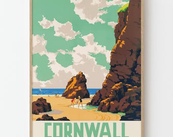 Póster vintage de viaje de Cornualles, paisaje costero británico, arte mural retro.