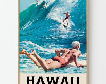 Vintage Hawaii Surf Poster Retro Beach Wave Travel Wall Art Print