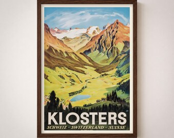 Klosters Switzerland Vintage Travel Poster Print | Alpine Landscape Tourism Retro Wall Art
