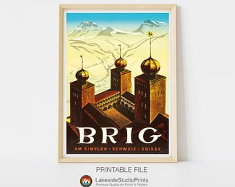 Brig Switzerland Vintage Travel Poster Instant Download JPG file | Printable Digital Art