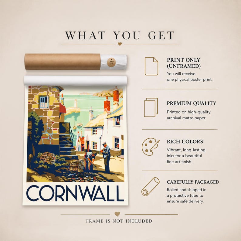 Vintage Cornwall Travel Poster Print Coastal Village Retro British ...