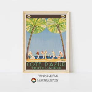 Póster de viaje vintage de la Costa Azul (descarga instantánea, archivo JPG) / Arte digital imprimible