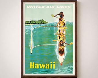 Hawaii Vintage Travel Poster Print Retro United Air Lines Honolulu Surf Wall Art