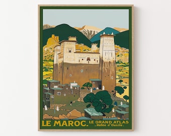 Vintage Morocco Atlas Mountains Travel Poster Print, Ounila Valley Kasbah Tourism Wall Art Decor