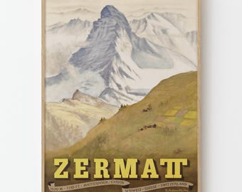Póster vintage de viaje de Suiza, Zermatt, Matterhorn, Alpes suizos, impresión artística de pared de montaña