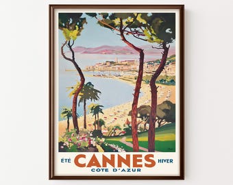 Vintage Cannes Travel Poster Print French Riviera Beach Coastal Wall Art Decor