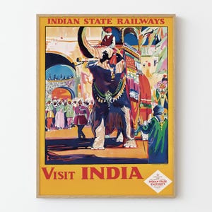 Vintage indische Staatseisenbahn Reise-Plakat Visit India Elefanten-Prozession-Wand-Kunst-Druck-Dekor