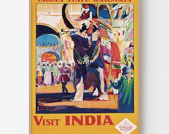 Póster de viaje vintage de los Ferrocarriles Estatales de la India: Visita la India, procesión de elefantes, arte de pared, impresión decorativa