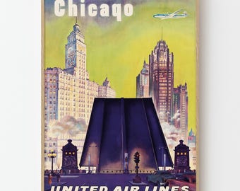Vintage Chicago Travel Poster Airlines Retro City Wall Art Print