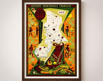 Afrique Equatoriale Francaise Vintage Travel Poster Print French Africa Map Wall Art