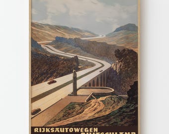 Vintage Germany Autobahn Travel Poster Rijksautowegen Retro Road Wall Art Print