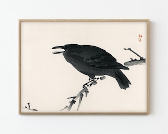 イタリア　アンティーク　ヴィンテージパネル　鳥の絵　木製 日本のカラスの版画、このばいれいポスター、黒い鳥の木版画、日本の