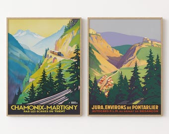 Vintage Alpine Travel Posters Set Chamonix Martigny Jura French Railway Wall Art Prints