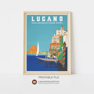 Póster de viaje vintage de Lugano, Suiza. Descarga instantánea en formato JPG. Arte digital imprimible.