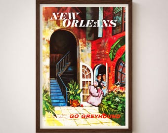 Vintage reisposter New Orleans, muurdecoratie Louisiana French Quarter