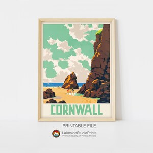 Póster de viaje vintage de Cornualles, Gran Bretaña. Descarga instantánea en formato JPG. Arte digital imprimible.