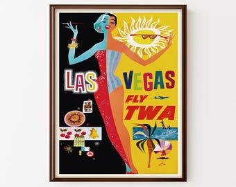 May include: A framed vintage travel poster for Las Vegas. The artwork features a woman split in half, with one side in blue and the other in red and orange. The poster includes the text "LAS VEGAS FLY TWA" and a stylized sun.