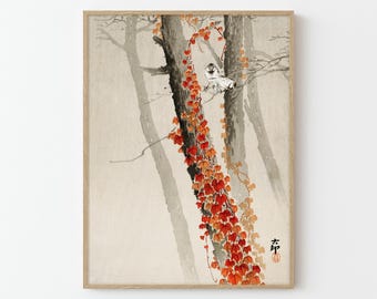 Japanese Bird Vine Wall Art Print | Vintage Zen Nature Illustration | Japandi Neutral Decor Artwork