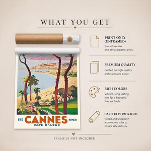 May include: A rolled poster print featuring a vintage travel advertisement for Cannes, France, with the text "Cannes Cote D'Azur". The poster shows a beach scene with palm trees and a coastal town, in a protective tube.
