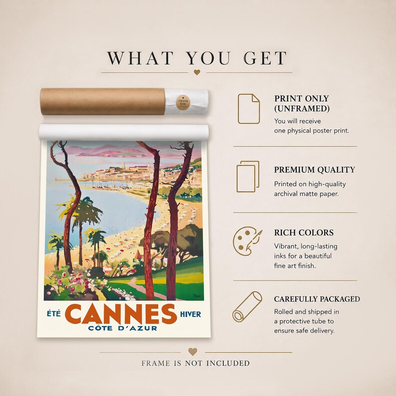 May include: A rolled poster print featuring a vintage travel advertisement for Cannes, France, with the text "Cannes Cote D'Azur". The poster shows a beach scene with palm trees and a coastal town, in a protective tube.