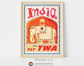 Póster de viaje vintage de la India (descarga instantánea, archivo JPG) / Arte digital imprimible
