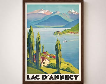 Lac d’Annecy France Vintage Travel Poster Alpine Lake Landscape Retro Wall Art Print