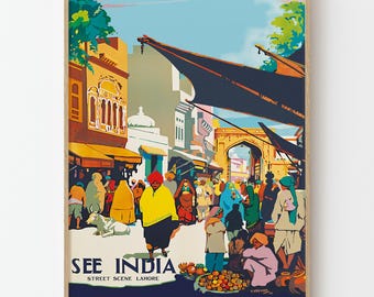 Vintage India Travel Poster Lahore Street Scene Tourism Wall Art Print