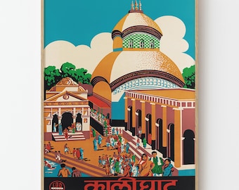 Vintage India Kalighat Temple Kolkata Travel Poster Hindu Pilgrimage Wall Art Print