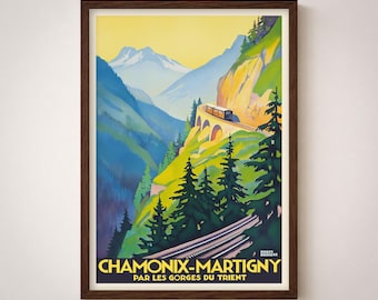 Vintage Chamonix Martigny Travel Poster Print Alpine Railway Mountain Landscape Wall Art Decor