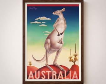 Australia Vintage Travel Poster Print | Kangaroo Tourism Retro Wall Art