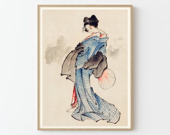 Woman With Check Design Kimono Japanese Fine Art Print | Home Decor