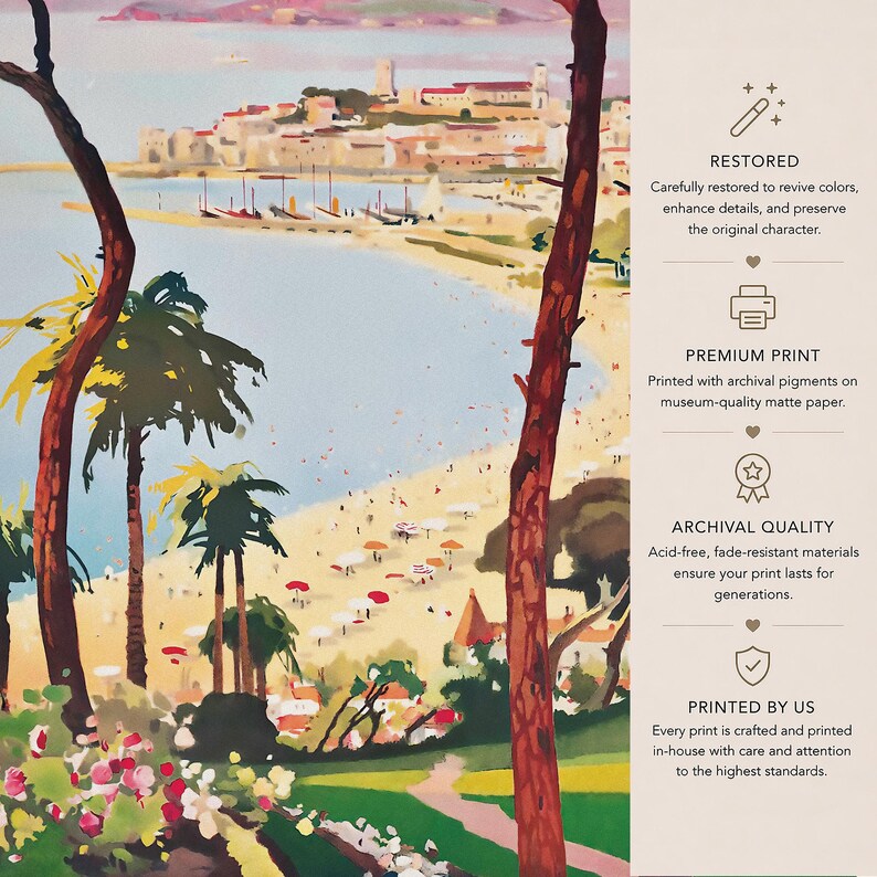 May include: A vintage travel poster print featuring a coastal scene with a beach, buildings, and boats. The artwork has been restored to revive colors and enhance details. The print is made with archival pigments on museum-quality matte paper.