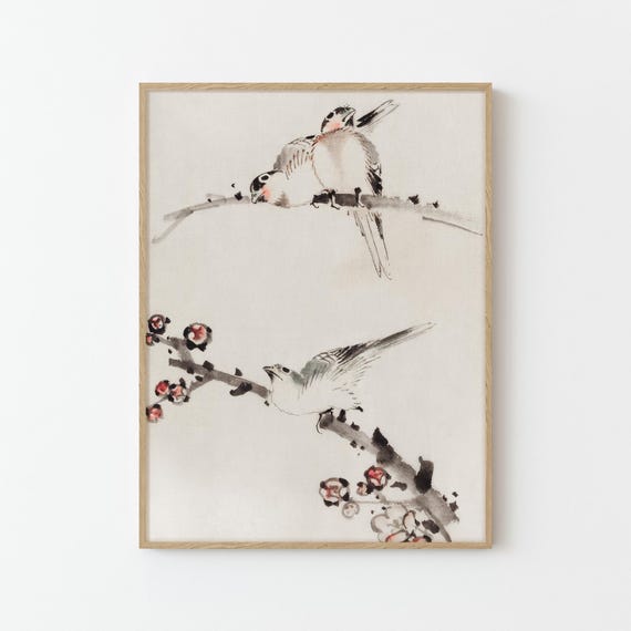 Three Birds Perched on Branches Japanese Fine Art Print | Home