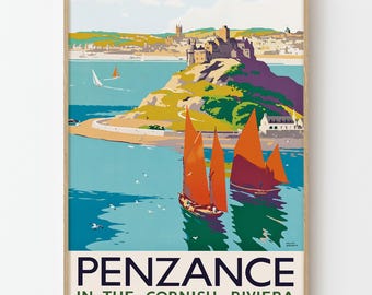Vintage Penzance Poster Cornish Riviera Coastal Travel Wall Art Print