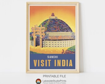 Póster de viaje vintage de India Sanchi (descarga instantánea, archivo JPG) / Arte digital imprimible