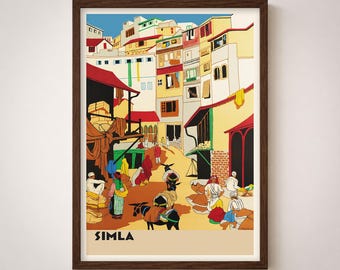 Puede incluir: Un póster de viaje enmarcado con una ilustración estilizada de una concurrida escena callejera en Simla. La obra muestra edificios de varios pisos en tonos amarillos, blancos y rojos, con personas y animales de carga en un camino polvoriento.