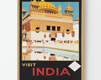 Póster de viaje vintage del Templo Dorado de Amritsar, India. Impresión artística mural de la herencia sij del Punjab.