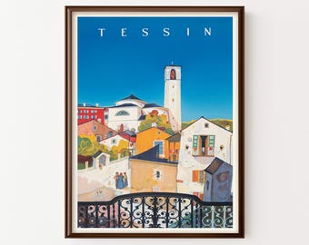 Tessin Switzerland Vintage Travel Poster Digital Download | Swiss Cityscape Printable Artwork