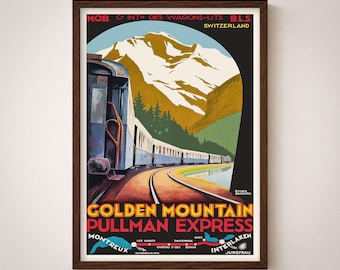 May include: Vintage travel poster for the Golden Mountain Pullman Express, featuring a train winding through a mountain landscape. The poster has a brown frame and includes text in English and French.