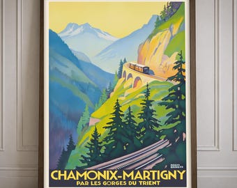 Vintage French Alps Travel Poster Chamonix Martigny Wall Art Mountain Railway Print Decor