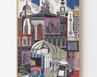 Vintage London Collage Travel Poster Iconic England Landmarks Retro Wall Art Print