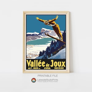 Póster de viaje vintage del Valle de Joux, Jura, Suiza. Descarga instantánea en formato JPG. Arte digital imprimible.