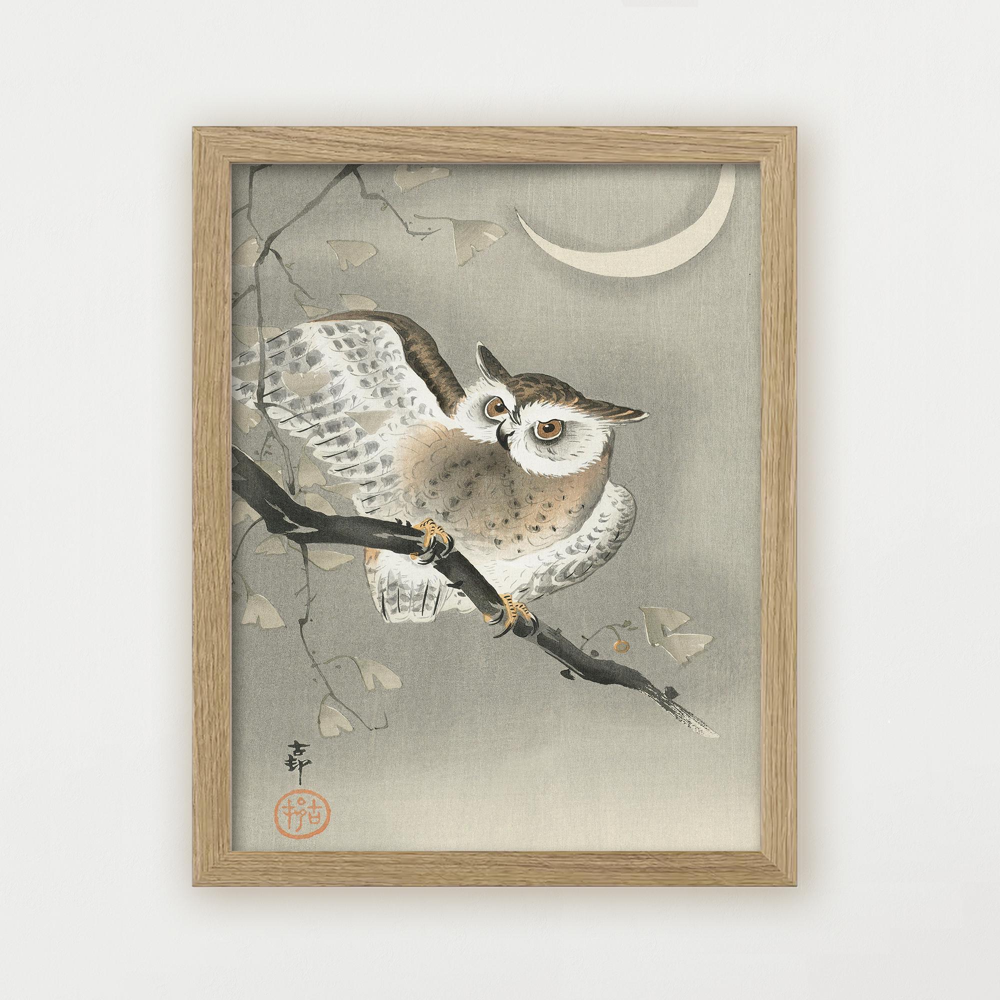 日本のフクロウのウォールアートプリント｜ヴィンテージの禅風鳥の