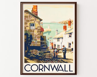 May include: A framed vintage travel poster featuring a coastal scene in Cornwall. The artwork depicts stone buildings, a harbor, and figures working. The word "CORNWALL" is prominently displayed at the bottom in a navy blue font.