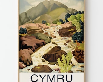 Vintage Cymru Wales-reisposterafdruk, bergwaterval landschap retro Britse muurkunst