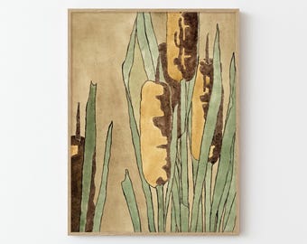 Vintage Cattail Botanical Print | Earth Tone Farmhouse Nature Illustration