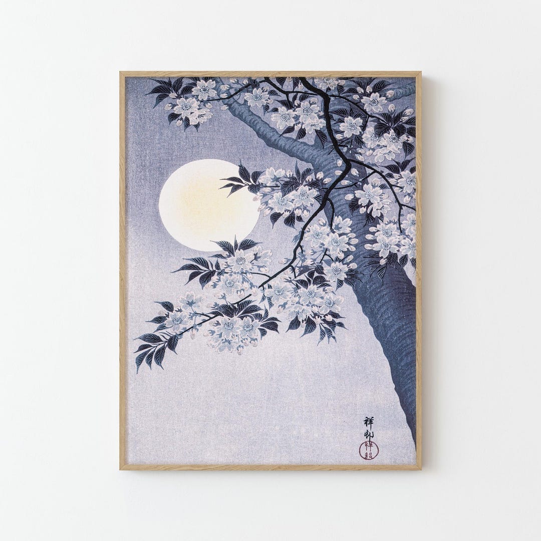 Japanese Moon Cherry Blossom Art | Vintage Sakura Zen Artwork - Etsy