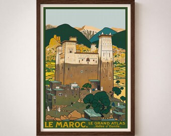 Le Maroc Vintage Travel Poster Print | Morocco Atlas Mountains Landscape Retro Tourism Wall Art