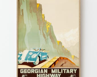 Vintage Georgian Military Highway Travel Poster Print, Caucasus Mountains Road Trip Wall Art Decor